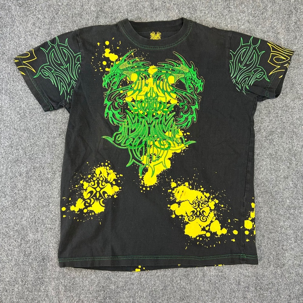 Jinzu Dragon Graphic T-Shirt Black Green Yellow Embroidered Y2K XL 18/20 Mens